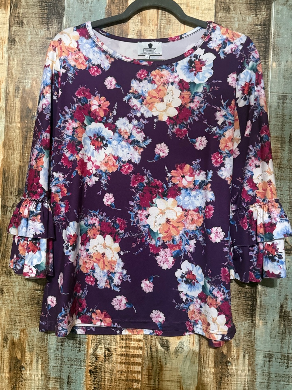 Dainty Jewells Purple Floral Ruffle-Sleeve Long Sleeve Top